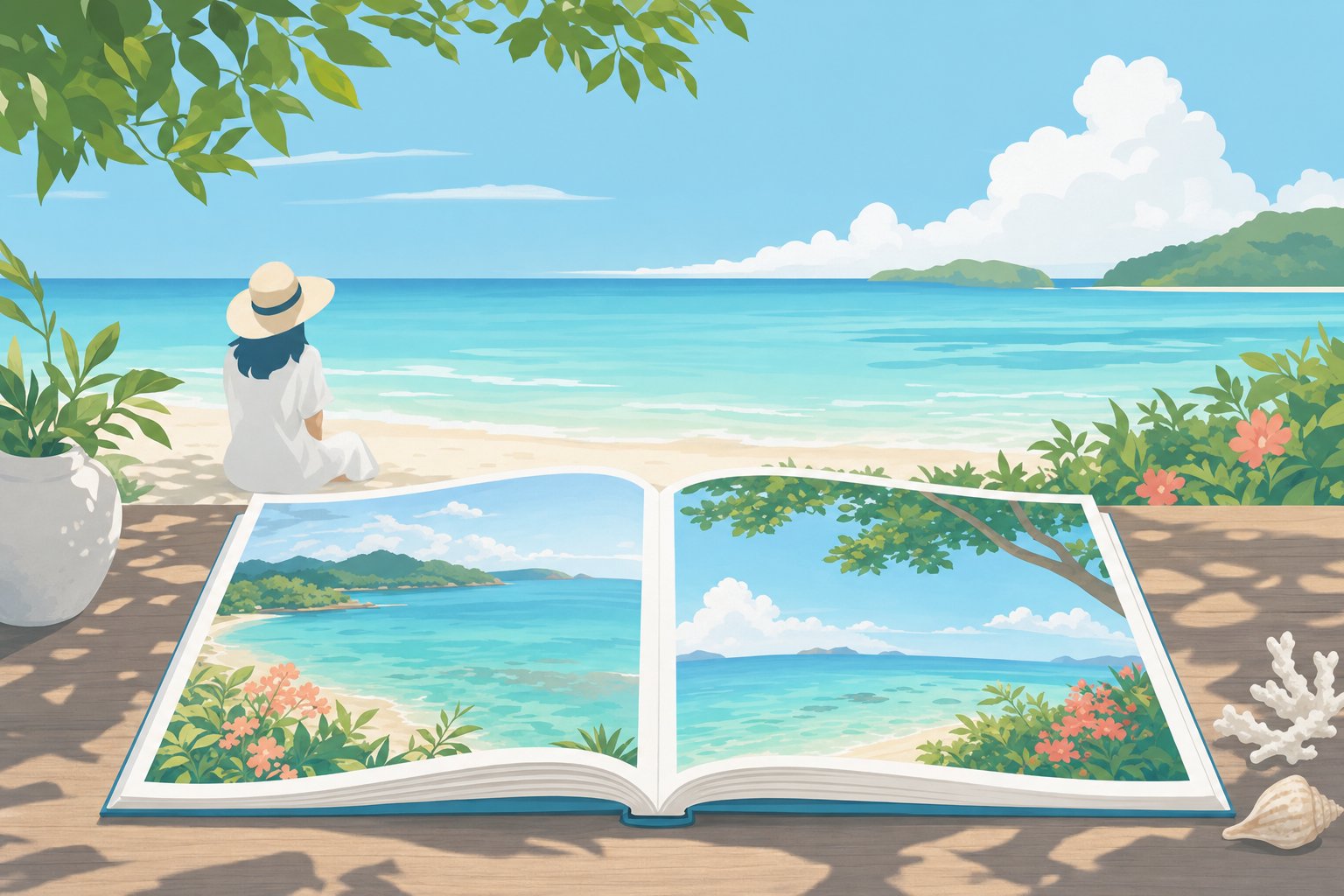 南国の海辺と写真集のページをイメージしたイラスト
